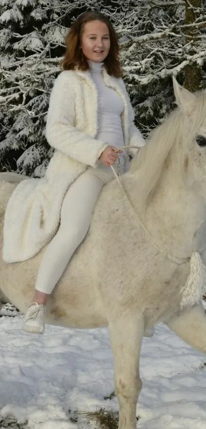 Woman riding white horse in snowy forest scene.