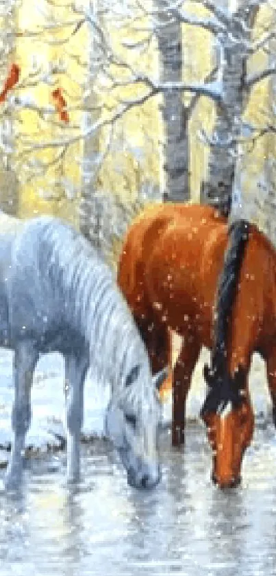 Horses drink from a snowy stream surrounded by birch trees in winter.