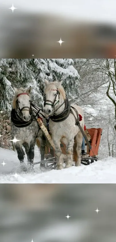 Two horses pulling a carriage through a snowy forest in winter.