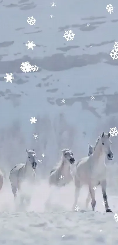 Snowy winter scene with horses running gracefully.