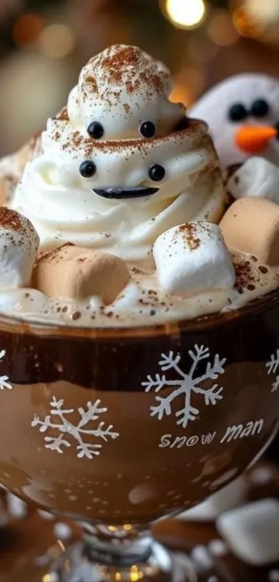 Festive cup of hot cocoa with marshmallows and whipped cream in a playful snowman theme.