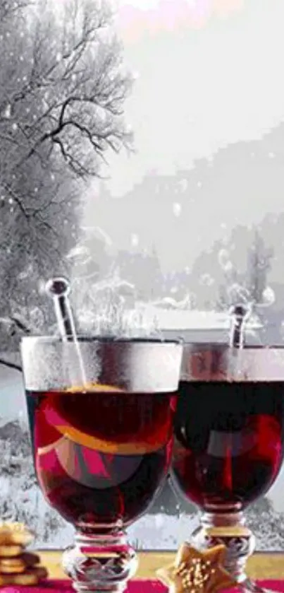 Hot drinks in glass mugs with a snowy winter background.