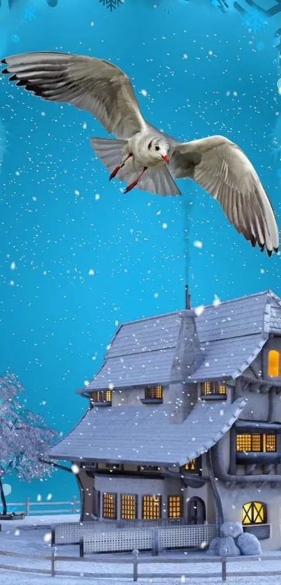 Winter scene with bird and snowy house on mobile wallpaper.