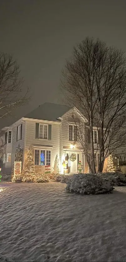 Snow-covered house illuminated by festive lights at night.