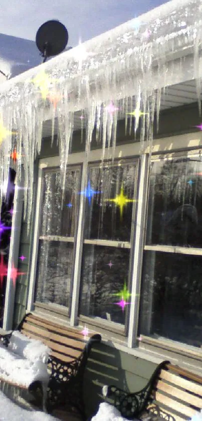 Snow-covered house with icicles hanging from roof.