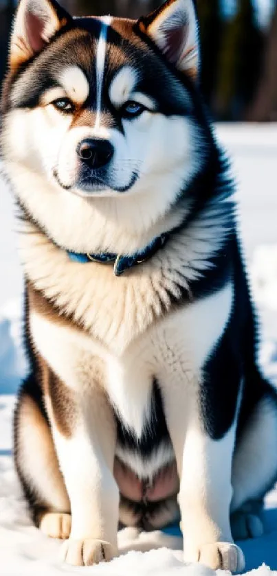 Majestic Husky sitting in snowy landscape with a forest backdrop.