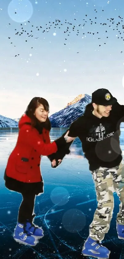 Couple ice skating joyfully on a frozen lake in a snowy winter landscape.