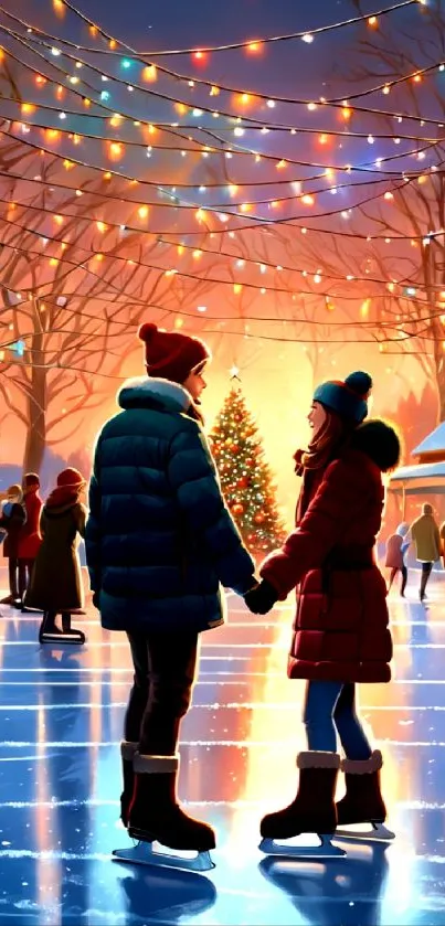 Romantic couple ice skating under festive lights at night.