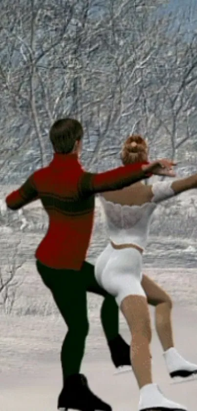 Ice skaters dance gracefully on a snowy landscape.