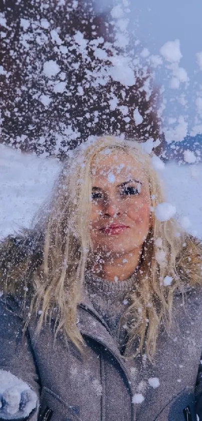 Woman enjoying snowy winter scene outdoors.