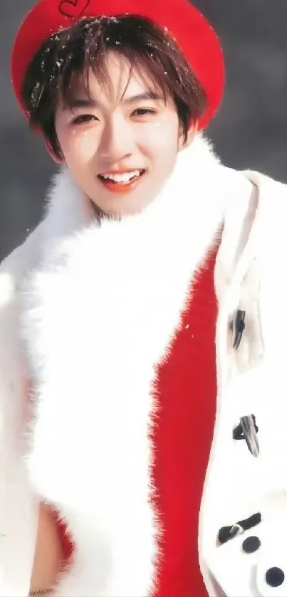 Joyful child in red hat and white coat in a winter setting.