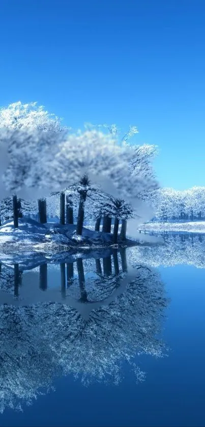 Snowy trees and lake reflection in a serene winter landscape.