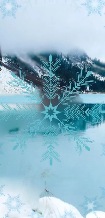 Winter lake with large snowflake overlay, serene and snowy landscape.