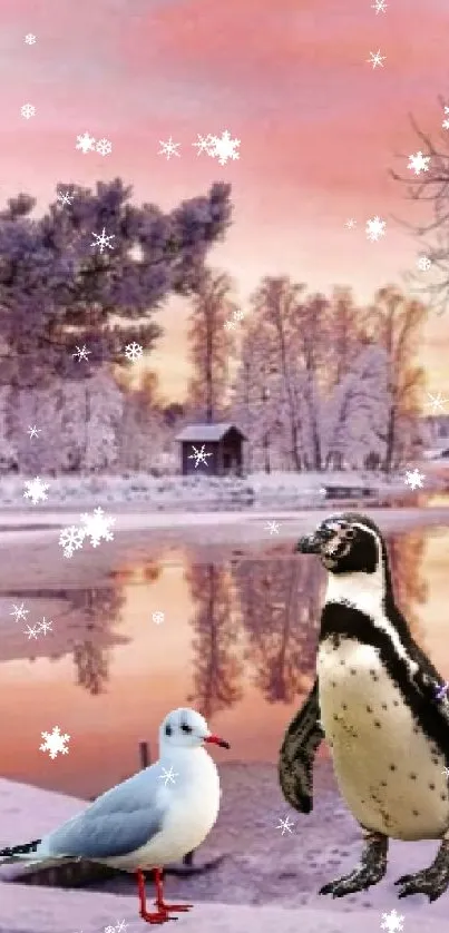 Winter landscape with snow, lake, and birds at sunset.