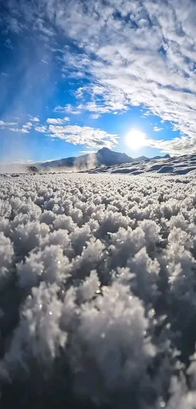 A serene snowy field under a bright blue sky with clouds and sunlight.