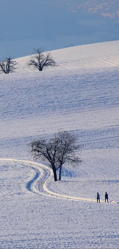 Winter landscape with snowy hills and bare trees, ideal for mobile wallpaper.