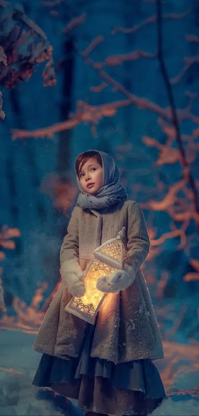 Child in snowy forest holding a glowing lantern, surrounded by blue tones.