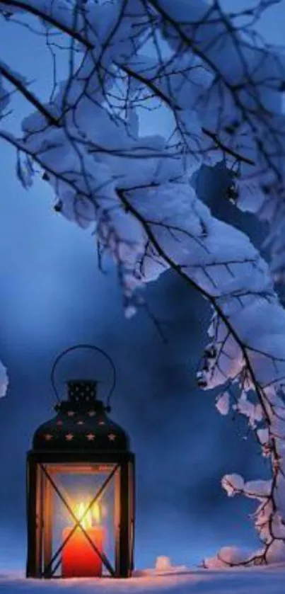 Serene winter scene with lantern glowing under snow-covered branches.