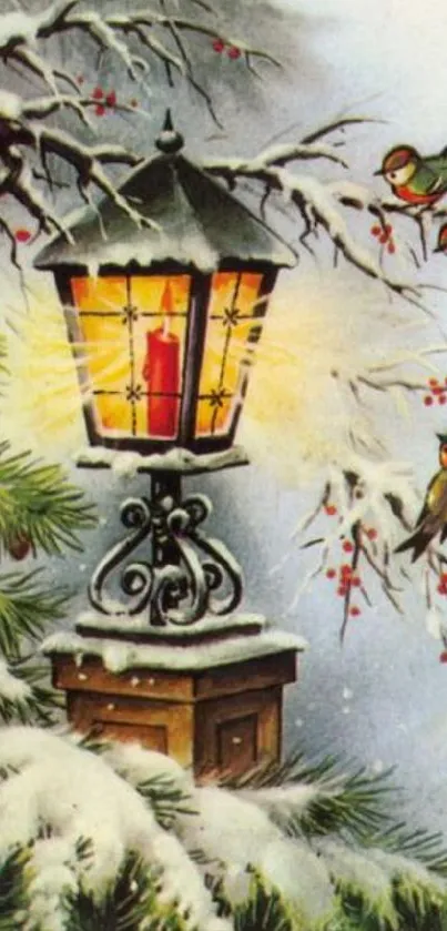 Snowy winter scene with a glowing lantern and birds.