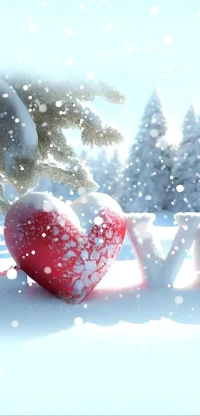 Snowy heart with 'Love' in a winter wonderland setting.