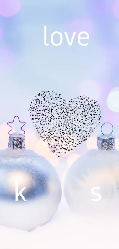 Winter-themed mobile wallpaper with love-themed ornaments in pale blue tones.