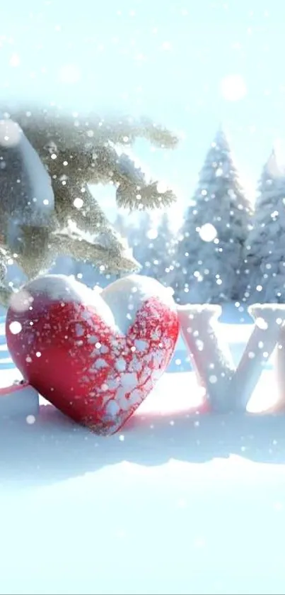 Winter scene with snow-covered trees and a vibrant red heart in a snowy landscape.