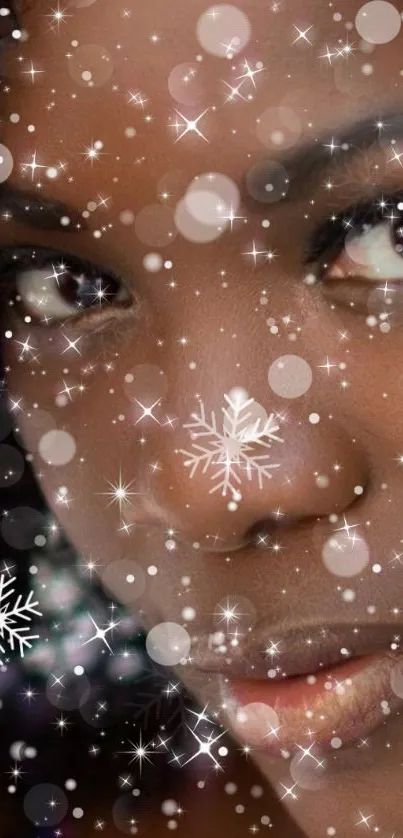 Close-up of a face with snowflakes and shimmer on a mobile wallpaper.