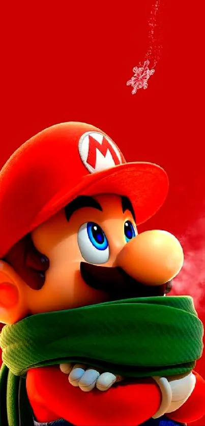 Mario in winter attire with a red backdrop.