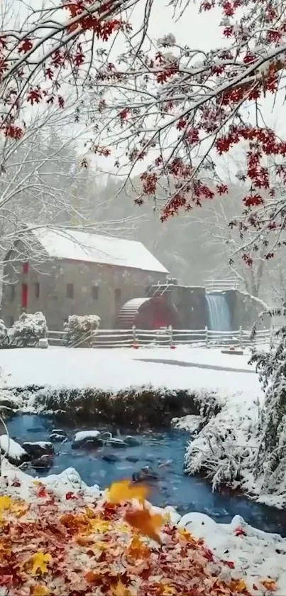 Rustic mill in a snowy landscape with autumn leaves.