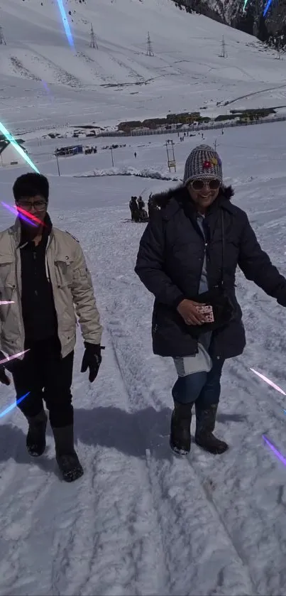 Two people enjoy a snowy winter mountain adventure with vibrant neon streaks.