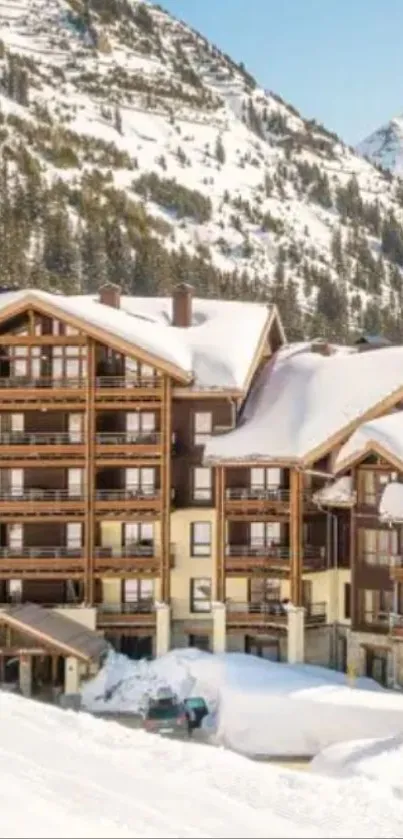 Scenic winter chalet with snowy mountain backdrop.