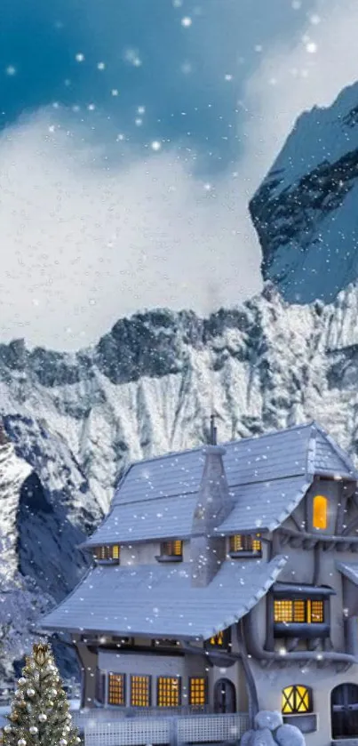 Winter mountain house with snow-covered peaks and cozy warm lights.