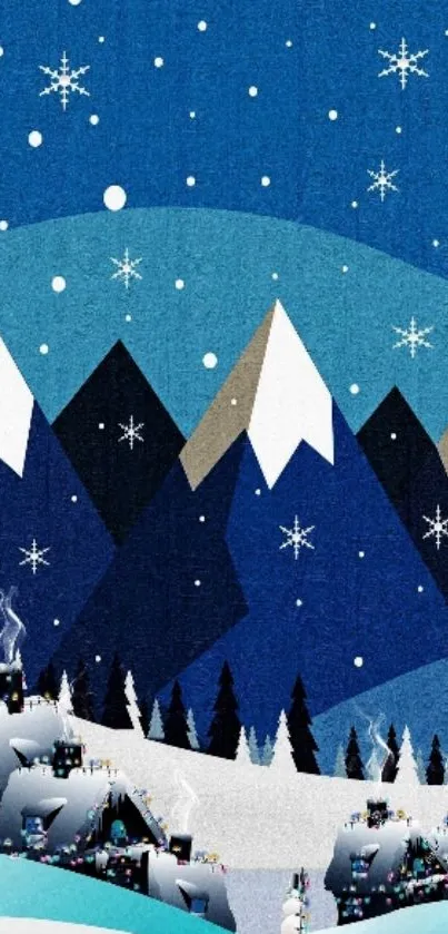 Snowy mountains and starry night sky wallpaper with cozy village below.