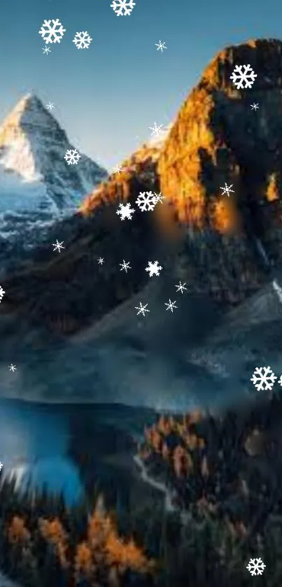 Mountain landscape with snowflakes and a serene lake.