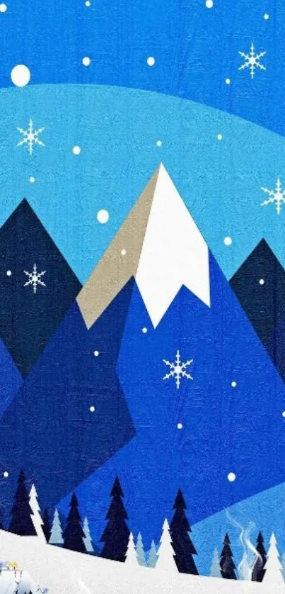 Winter mountain scene with snowflakes falling over blue peaks.