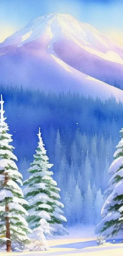 Serene winter mountain landscape with snowy trees.