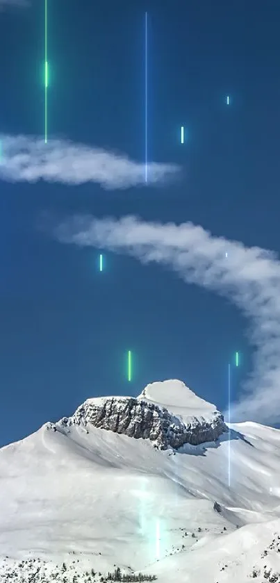 Snow-capped mountains under a clear blue sky with swirling clouds.