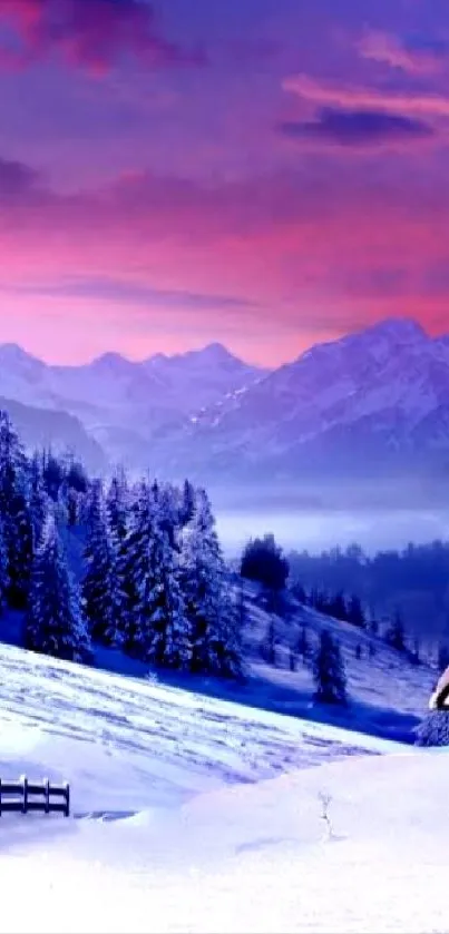 Snowy mountain landscape with a purple sunset sky.