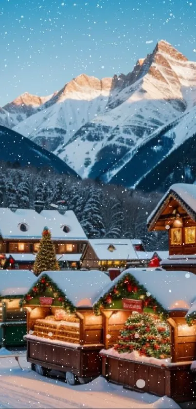 Charming winter village with snow-capped mountains and festive holiday decor.