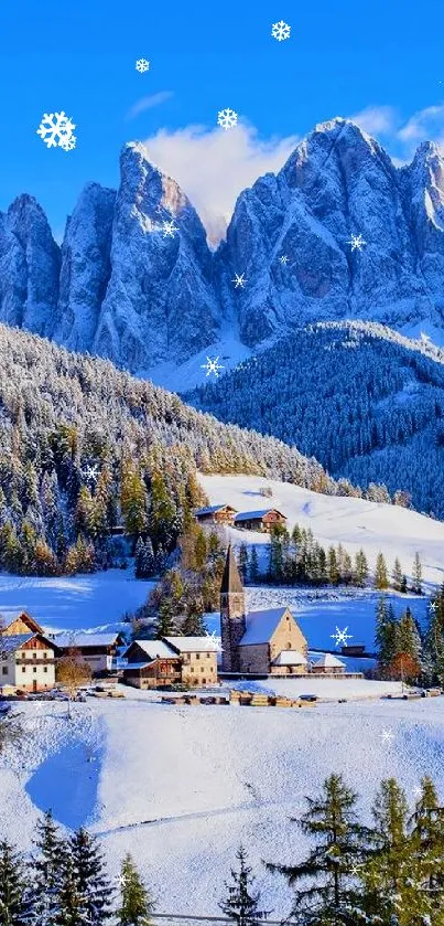 Snowy mountain village under a bright blue sky.