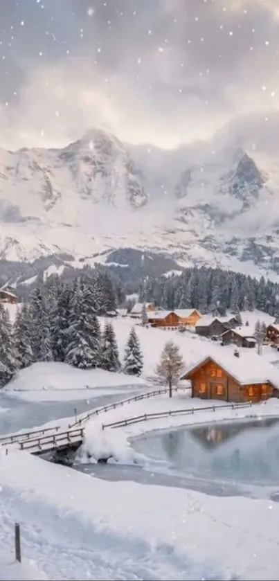 Snowy mountain landscape with cabins.