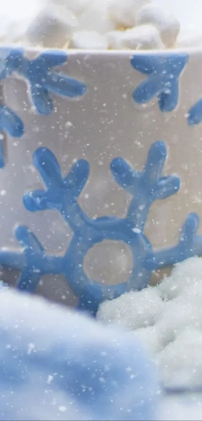 Winter mug with snowflake design and cookies in snow.