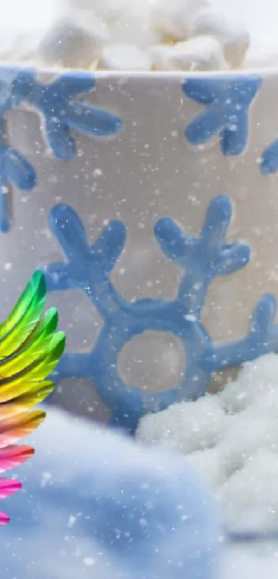 Winter mug with cookies and colorful wings in snow.