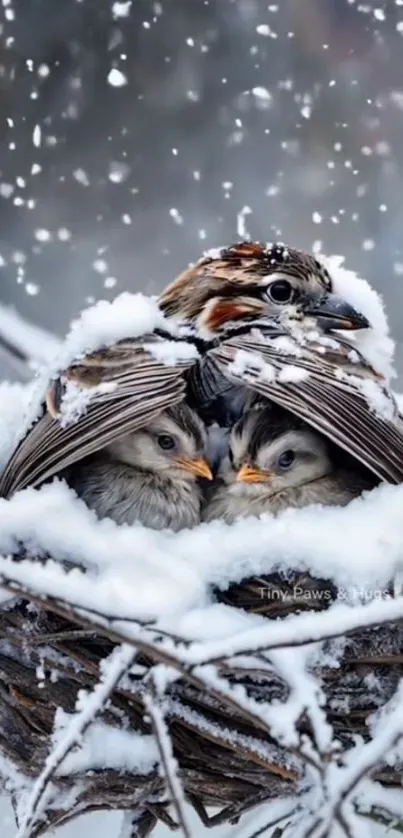 Sparrows cuddled in snowy nest during winter.