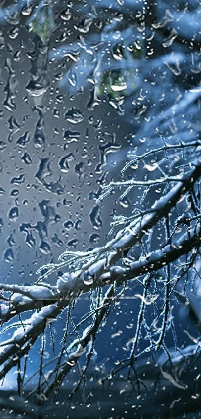 Snow-covered branches under a dark blue winter night sky.