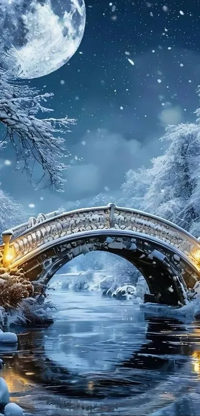 Snowy bridge under moonlit winter night sky.