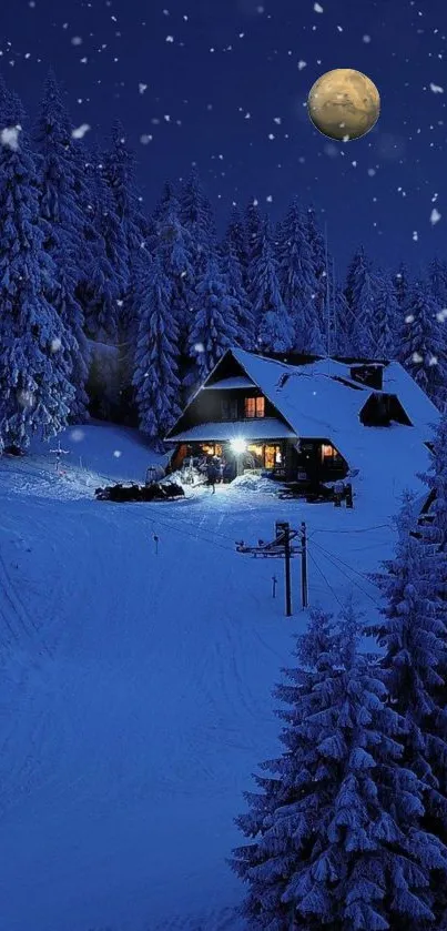 Cozy winter cabin scene with snow and a full moon.