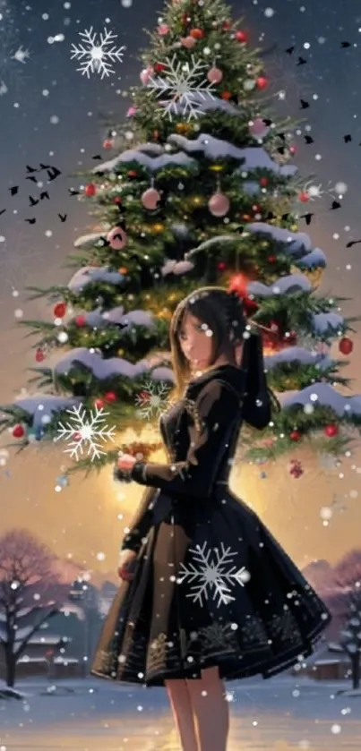 Anime girl in winter night by a lit Christmas tree with snow falling.