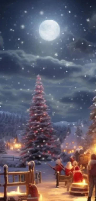 Serene winter night with Christmas tree under full moon, perfect for festive vibes.