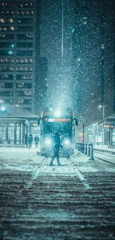 Snowy winter night cityscape with tram and lights.